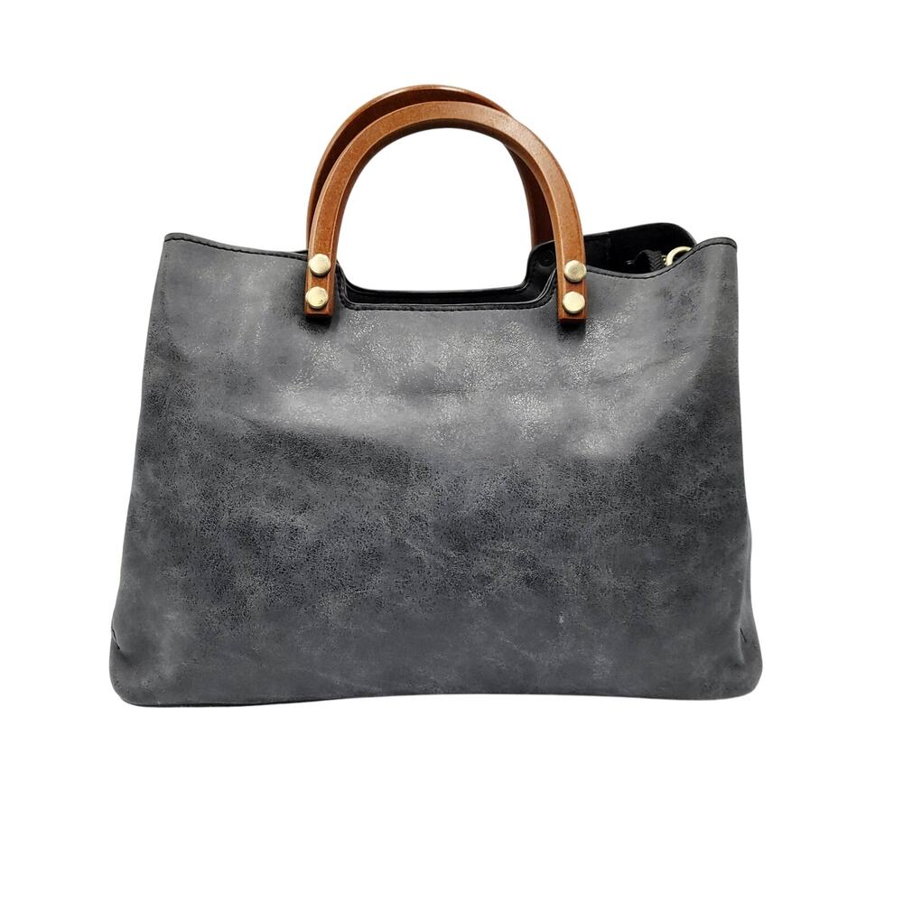 Joy Susan Angie Satchel Bag Carved Wooden Handles Black Vegan Leather Top Handle
